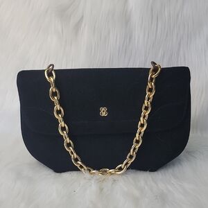 BIENEN DAVIS Black Velvet Gold Tone Chain Link Top‎ Handle VTG Glam Evening Bag